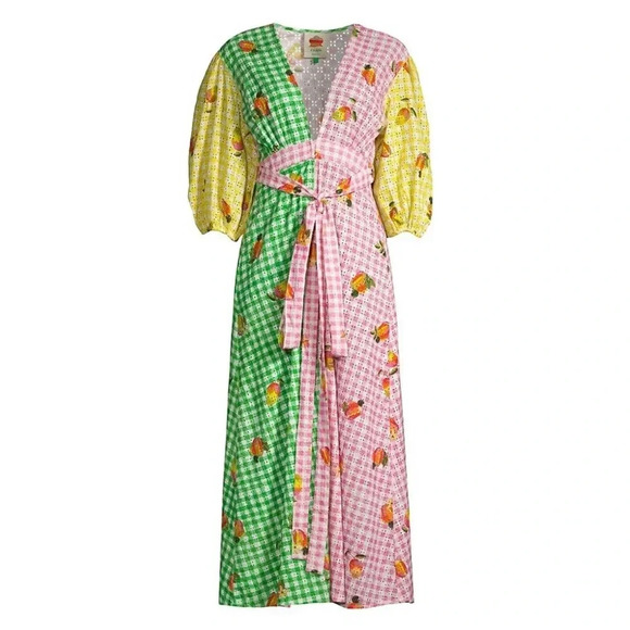 FARM Rio Dresses & Skirts - FARM Rio Green Pink Yellow Gingham Maxi Dress with Fruit Print